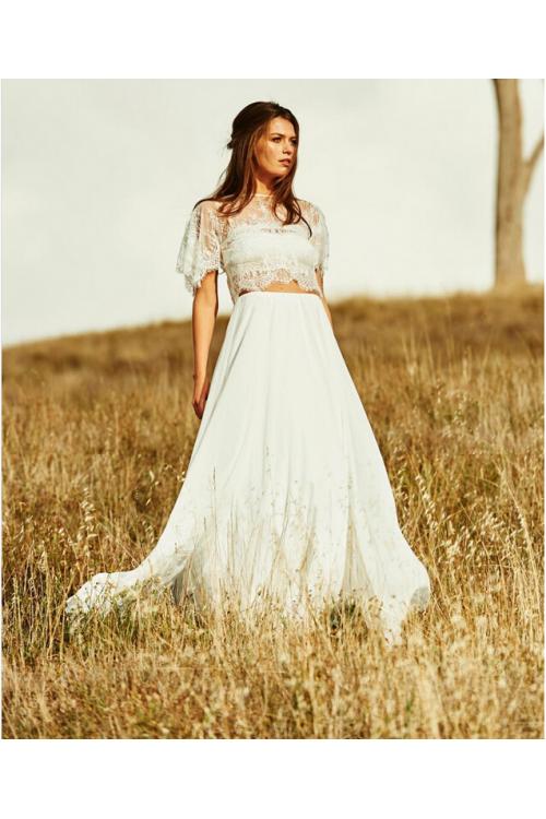 Boho Two Piece Jewel Neck Lace Top A-line Chiffon Wedding Dress 