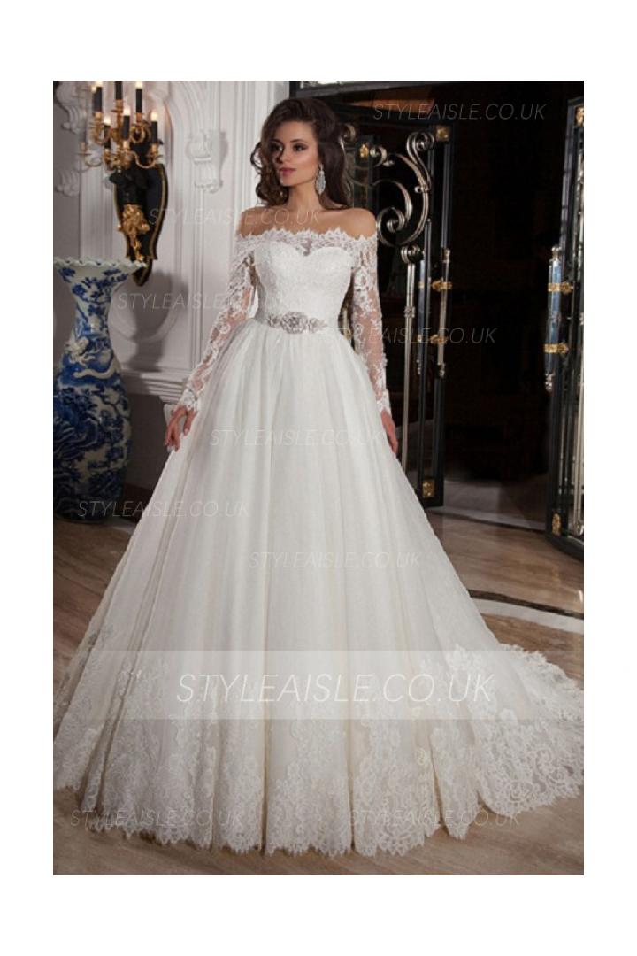 Off Shoulder Long Sleeves A-line Lace overlay Tulle Wedding Dress with Crystal Belt 