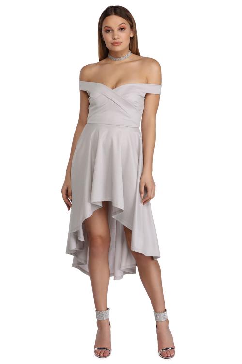 High Low Pleated Off Shoulder Silver Satin Prom Dress 