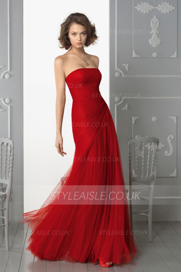  Trumpet/Mermaid Strapless Sleeveless Cascading Ruffles Floor-length Tulle Prom Dresses