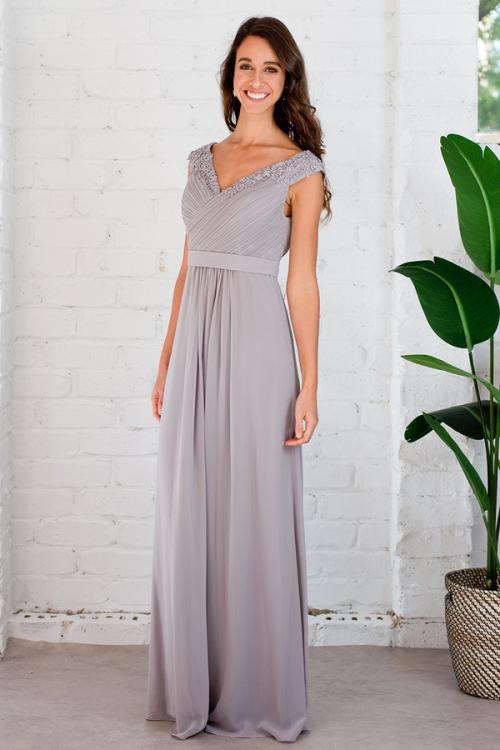 Cap Sleeves Sequin Lace Long Chiffon Junior Prom Dress with Ribbon