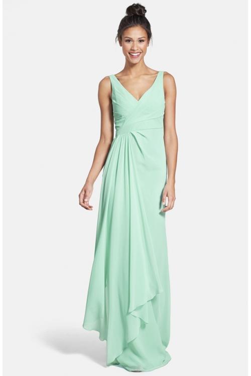 Shoulder Straps V Neck Cascaded Mint Long Chiffon Bridesmaid Dress 