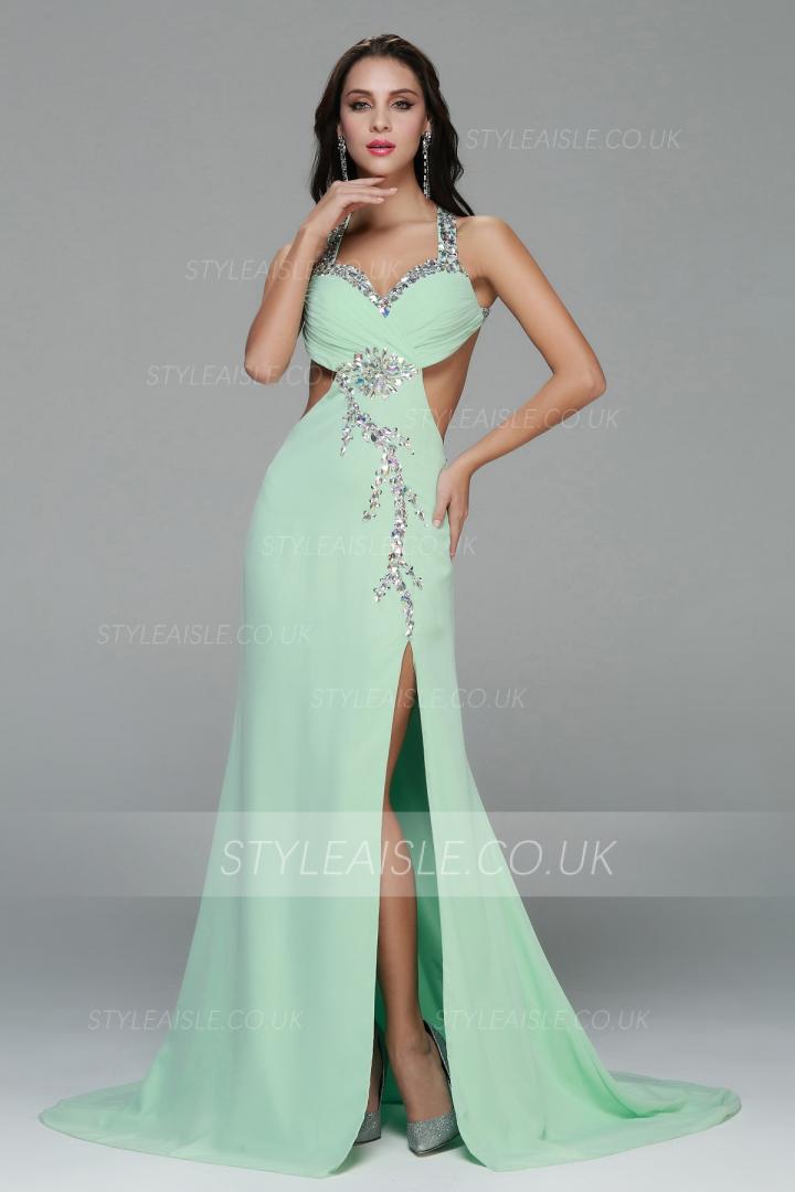Sexy Halter Neck Beading Long A-line Chiffon Slit Front Prom Dress 