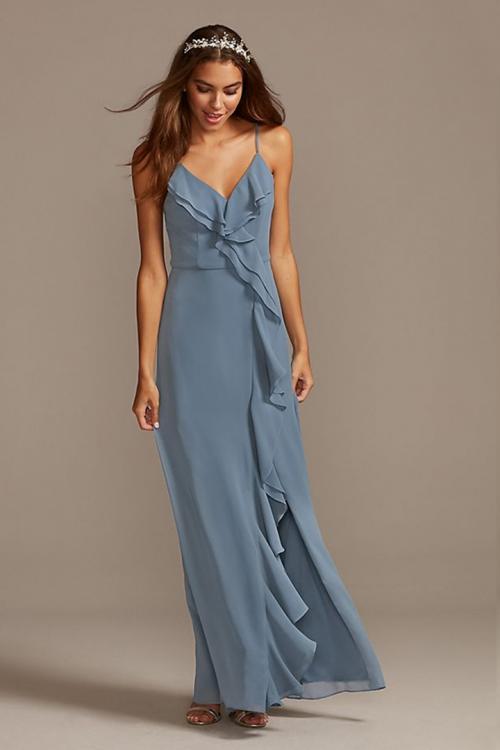  Sheath/Column Spaghetti Straps V-neck Sleeveless Ruffles Split Floor-length Long Chiffon Bridesmaid Dresses