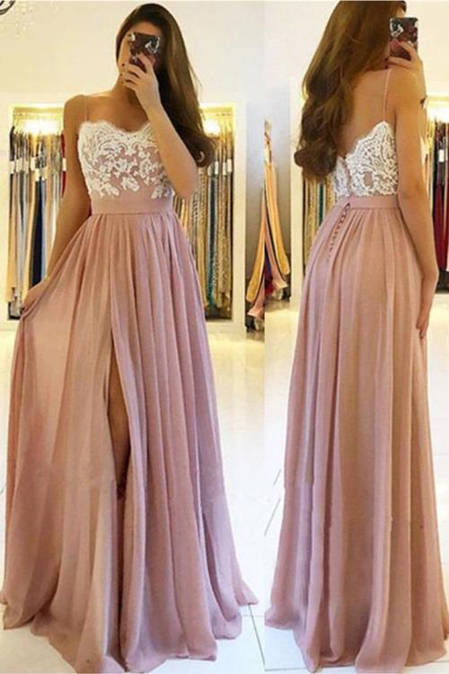 Simple Spaghetti Straps Buttons Lace Split Floor-length Long Chiffon Prom Dresses