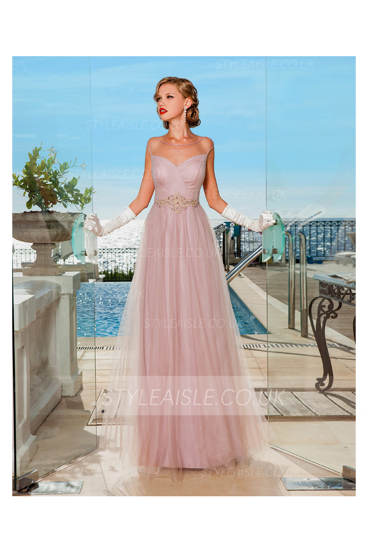 Cap Sleeve Illusion NecklineBlush Tulle Long Cap Sleeve Evening Dress 
