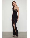 Black Asymmetrical Shoulder Straps Sleeveless Split Floor-length Long Chiffon Prom Dresses with Lace Chest