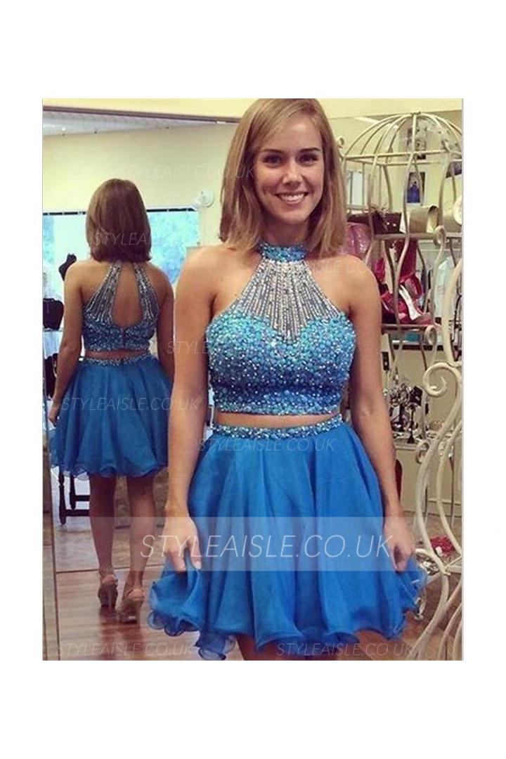 Chic Halter Beading Neck Short Chiffon Prom Dress