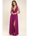 Deep V Neck Sleeveless A-line Long Fuchsia Chiffon Bridesmaid Dress
