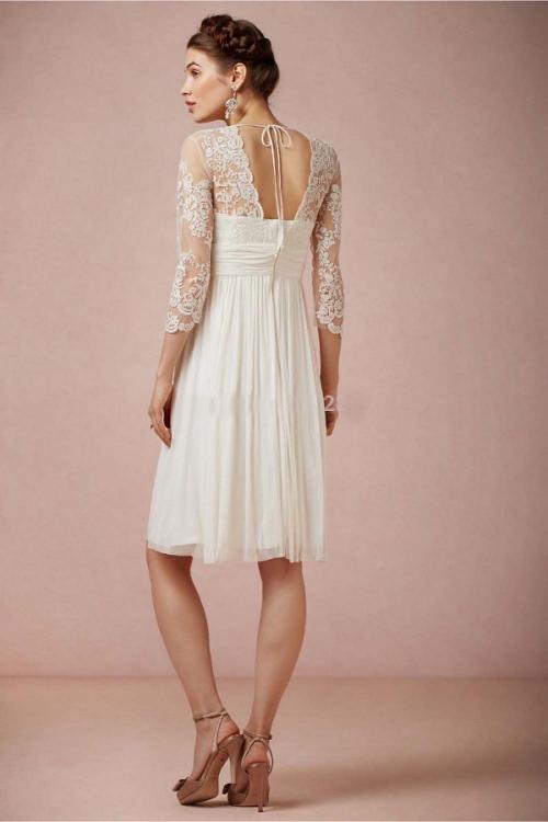 Charming A-line V Neck 3/4 Length Sleeve Short Chiffon Wedding Dress