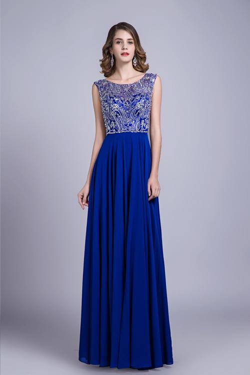 Royal Blue Scoop Neck Sleeveless Beading Floor length Long Chiffon Prom Dress with A V-back
