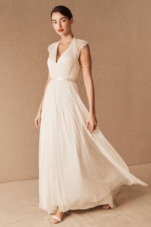 Elegant A-line V-neck Cap Sleeves Ruching Floor-length Long Wedding Dresses with Pearl Detailing Back