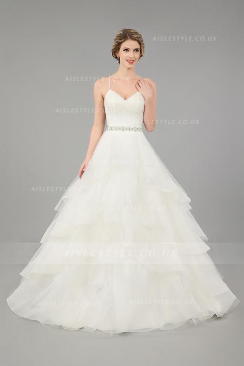 Sparkly Beaded Spaghetti Straps Long A-line Cascading Organza Ivory Wedding Dress