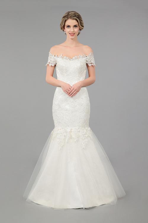 Mermaid Off-the-shoulder Short Sleeve Lace Sweep/Brush Train Wedding Dresses
