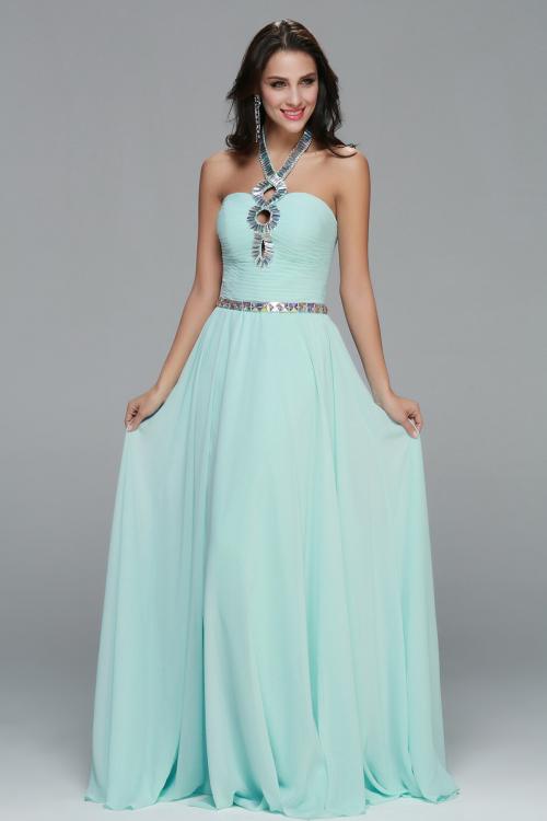 Unique Beading Front A Line Long Chiffon Prom Dress 