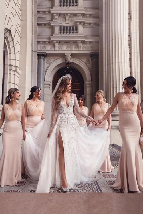 Mermaid V-neck Sleeveless Empire Waist Floor-length Long Chiffon Bridesmaid Dresses