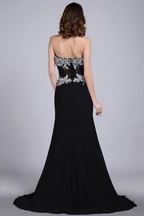Black Sweetheart Sleeveless Beading Split Sweep/Brush Train Long Chiffon Evening Dresses