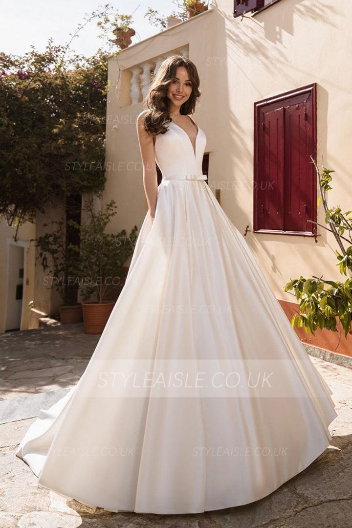 Chic & Modern A-line V-neck Bow Sashes Sleeveless Buttons Chapel Train Long Satin Wedding Dresses with Lace Back