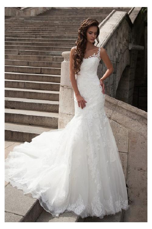 Vintage Inspired Illusion Neck Sheer Open Back Long Fit Flared Lace Organza Wedding Dress 