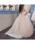 Lovely Blush Boho Inspired Lace Overlay Long Sleeved Off Shoulder Ball Gown Flower Girl Pageant Dress