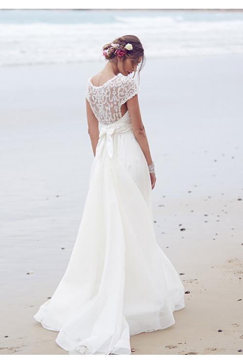Vinatge Lace Top Bateau Neck Long Organza Wedding Dress 