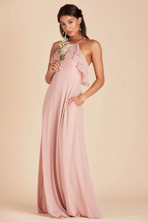  A-line Spaghetti Straps Sleeveless Ruffles Top Floor-length Long Chiffon Bridesmaid Dress with Pockets 