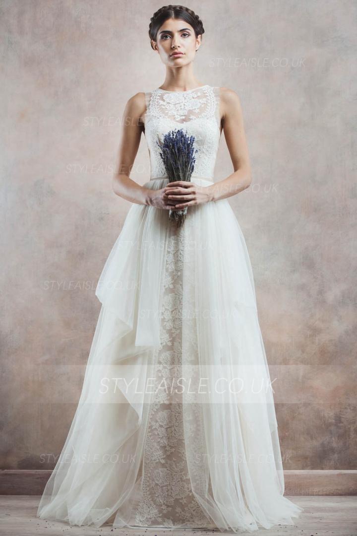 Sleeeveless Illusion Neck Lace Bodice Ball Gown Cascaded Tulle Wedding Dress 
