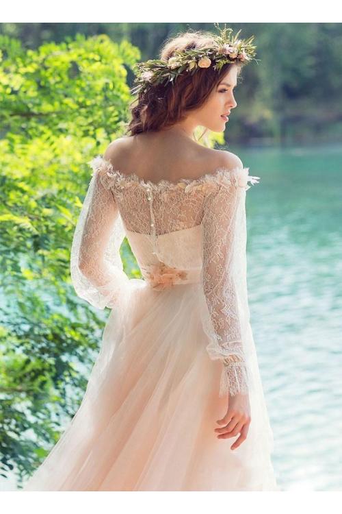 Vintage Long Sleeve Lace Bodice Blush Tulle Beach Wedding Dress