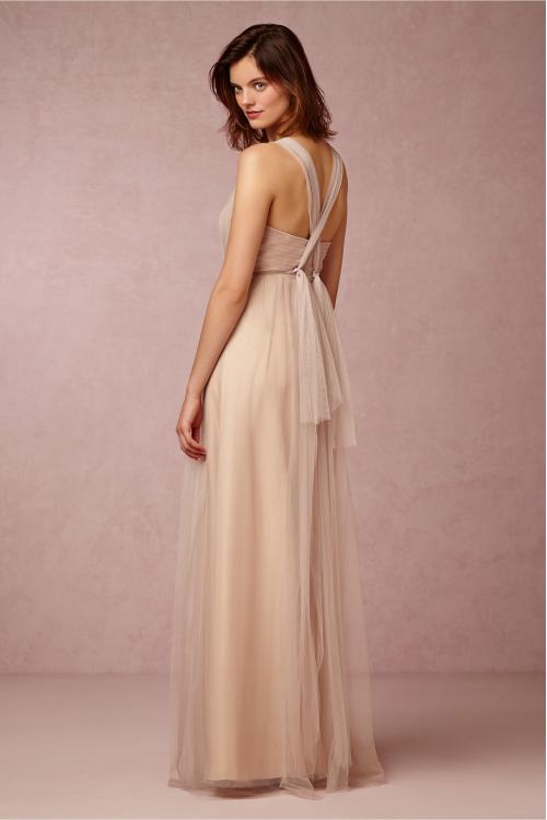 Vintage Shoulder Straps Ruched Bodice Long Champagne Tulle Bridesmaid Dress 