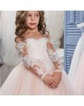 Lovely Blush Boho Inspired Lace Overlay Long Sleeved Off Shoulder Ball Gown Flower Girl Pageant Dress