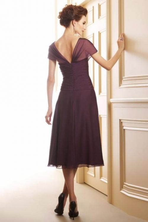 Petite Sleeveless A-line Tea Length Eggplant Chiffon Mother of the Bride Dress 