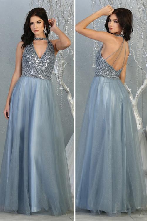 Chic A-line Halter&V-neck Beading Sequins Floor-length Long Tulle Prom Dress