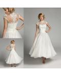 Tea Length Cap Sleeved Lace Detailling Short Organza Wedding Dress 