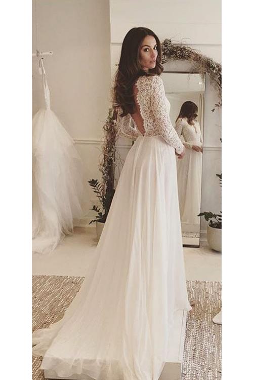 Vintage Inspired V Neck Long Sleeve Chiffon Chic Wedding Dress 