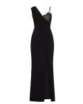 Black Asymmetrical Shoulder Straps Sleeveless Split Floor-length Long Chiffon Prom Dresses with Lace Chest