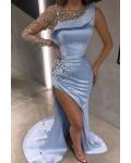  Sheath/Column Scoop Neckline One Sleeve Beading Split Sweep Train Long Satin Prom Dresses