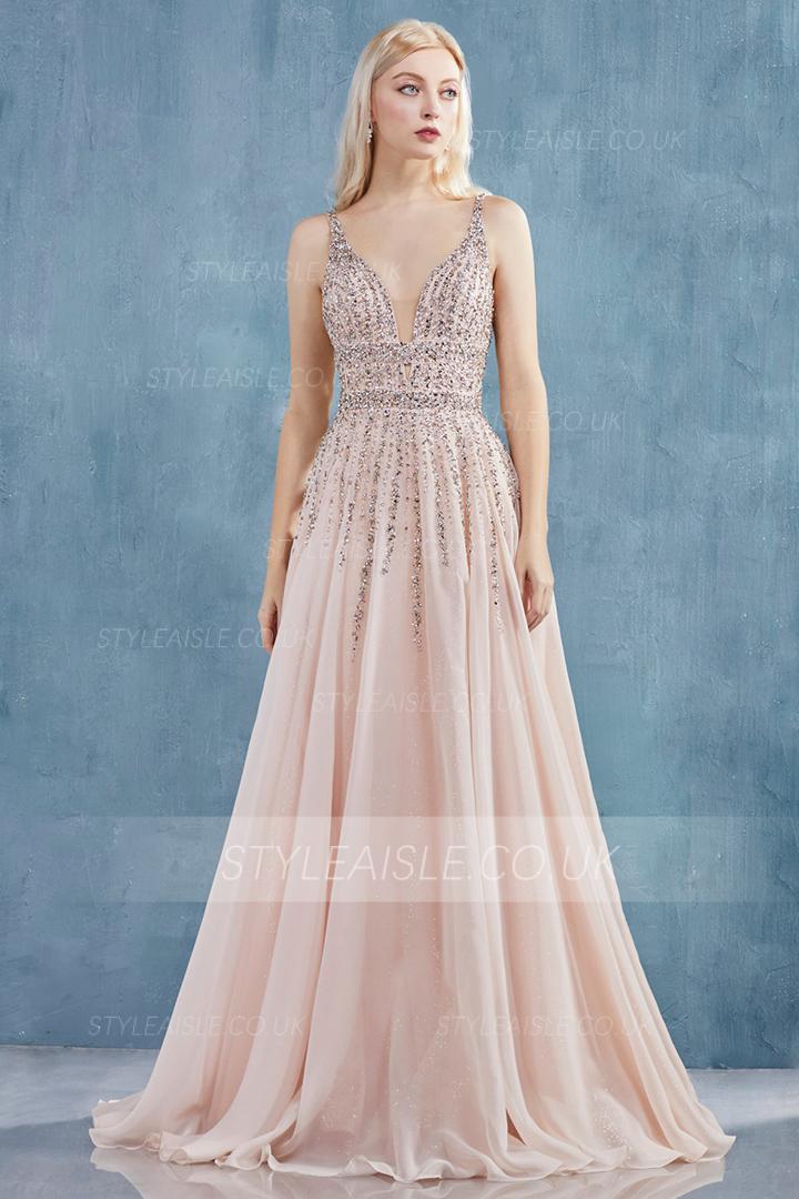 Elegant A-line Sleeveless Beading Floor-length Long Chiffon Prom Dress