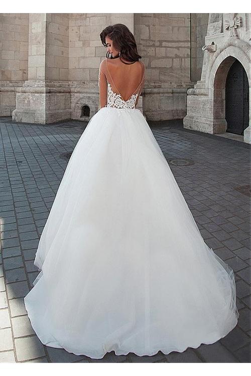 Delicate Illusion Neck Lace Bodice Long Ball Gown Tulle Wedding Dress 