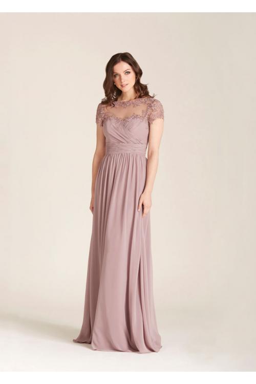 Vintage Short Sleeve Illusion Neck Long Chiffon Bridesmaid Dress 