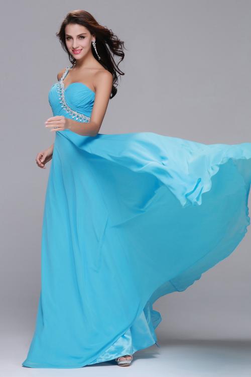 Sleeveless One Shoulder Beading Long Blue Chiffon Prom Dress 