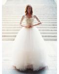 3/4 Sleeve Beaded Bodice Ball Gown Tulle Wedding Dress 