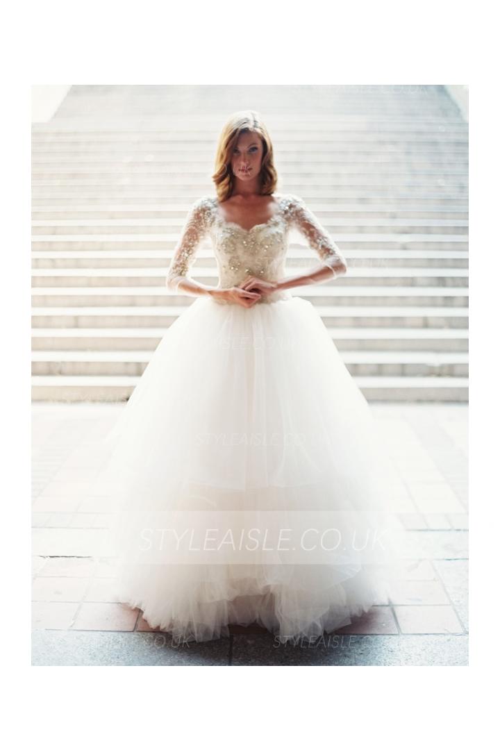 3/4 Sleeve Beaded Bodice Ball Gown Tulle Wedding Dress 