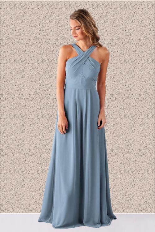  A-line Shoulder Straps Sleeveless Ruching Floor-length Long Chiffon Criss-cross Neckline Bridesmaid Dresses