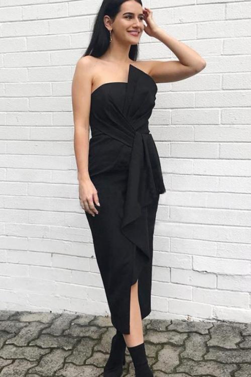  Sheath/Column Strapless Empire Waist Ruching Split Tea-length Short Bridesmaid Dresses