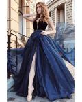 Charming V-neck Velet Top Floor-length Long Chiffon Split Evening Dresses
