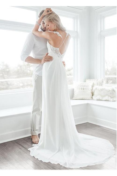 Simple Lace Spaghetti Straps Long Chiffon Wedding Dress 
