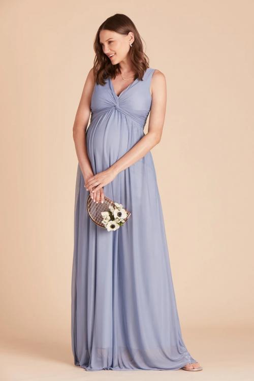  A-line V-neck Sleeveless Empire Waist Ruching Floor-length Long Chiffon Maternity Bridesmaid Dresses with Pocketss