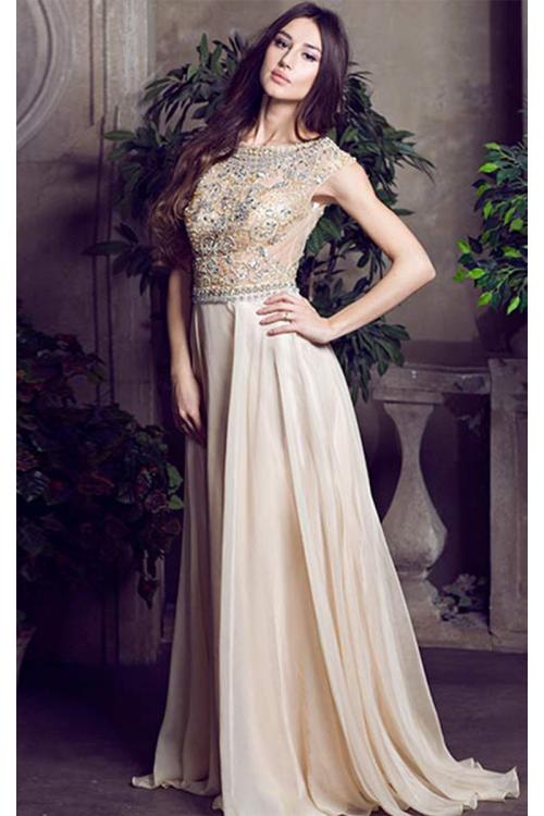 Scoop Neck Cap Sleeve Sparkle Beaded Long Chiffon A-line Prom Dress 