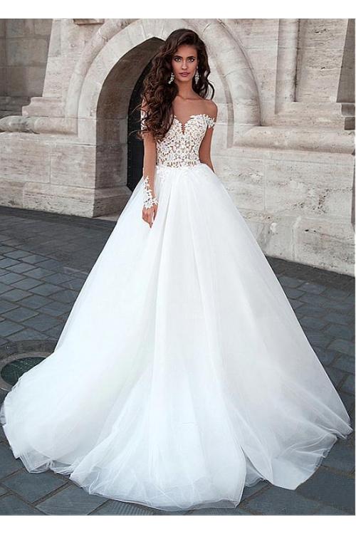 Delicate Illusion Neck Lace Bodice Long Ball Gown Tulle Wedding Dress 