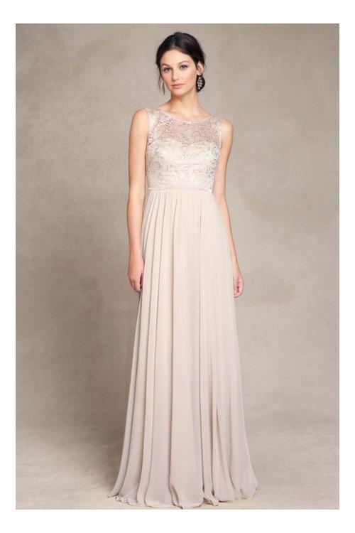 Gorgeous Sleeveless Bateau Neck Lace Bodice Long Chiffon Bridesmaid Dress 